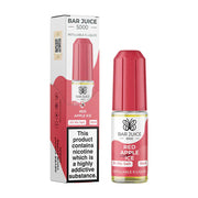 A product image showing a pink bottle of Bar Juice 5000 Red Apple Ice e-liquid next to its packaging box. The packaging indicates the product contains 5000mg of nicotine salt e-liquid and provides a throat hit and vapor clouds.